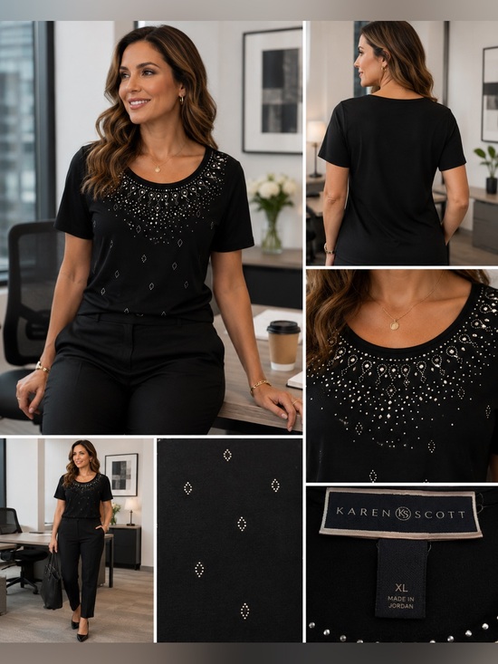 Karen Scott Tops - Karen Scott Black Embellished Beaded Top | Silver Studded Tee | Tunic | XL